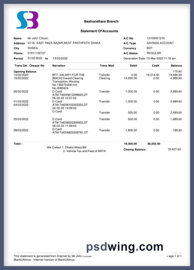 Bangladesh SB Bank Statement (Word)